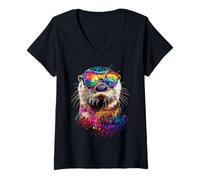 Femme Loutre avec Lunettes de Soleil J'aime Loutre de Mer Martres T-Shirt avec Col en V