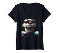 Femme Loutre avec Lunettes de Soleil J'aime Loutre de Mer Martres T-Shirt avec Col en V