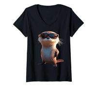 Femme Loutre avec Lunettes de Soleil J'aime Loutre de Mer Martres T-Shirt avec Col en V