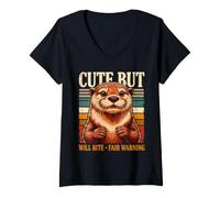 Femme Loutre de rivière Mignonne mais Qui Mord Fair Warning T-Shirt avec Col en V