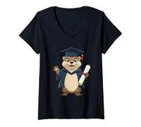 Femme Loutre diplômée avec Chapeau académique T-Shirt avec Col en V