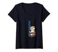 Femme Loutre Lisant avec Lettre I T-Shirt avec Col en V