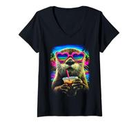 Femme Loutre Tropicale avec Lunettes de Soleil et café glacé Plage été T-Shirt avec Col en V