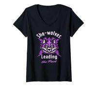 Femme Louves Meneuses Femmes Fortes Puissance T-Shirt avec Col en V