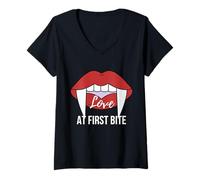 Femme Love at First Bite Vampire Halloween Graphique Amusant Romantique T-Shirt avec Col en V
