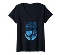 Femme Love Beyond Words Autism Awareness Cœur Bleu T-Shirt avec Col en V