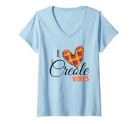 Femme Love Creole Fans Creole Day St Lucia, Dominique Haiti Plaid T-Shirt avec Col en V