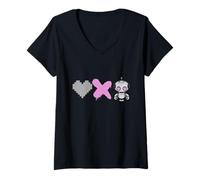 Femme Love Death Robots - Cœur Pixel Rose, X et Robot Mignon T-Shirt avec Col en V