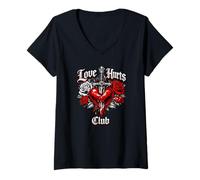Femme Love Hurts Club Conception Gothique Emo T-Shirt avec Col en V