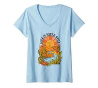 Femme Love is Never Still - Vintage années 70 Sun River Nature Art T-Shirt avec Col en V