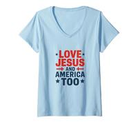 Femme Love Jesus and America Too Christian Patriotic 4 juillet T-Shirt avec Col en V