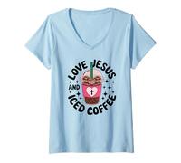 Femme Love Jesus and Iced Coffee Jolies Christian Women T-Shirt avec Col en V