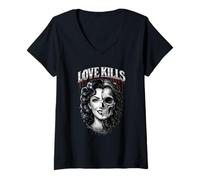 Femme Love Kills - Illustration Gothique Visage Pin-Up et Crâne T-Shirt avec Col en V