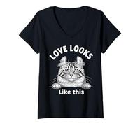 Femme Love Looks Like This American Curl Funny Peeking Cat Amoureux T-Shirt avec Col en V