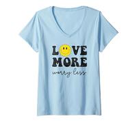 Femme Love More Worry Less Rétro Smile Face Happy Face Positive T-Shirt avec Col en V