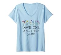 Femme Love One Another Daisy Boho Christian Bible Verse John 13:34 T-Shirt avec Col en V