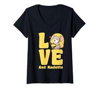 Femme Love & Raclette - Humour Cheese Souris Fondue Addict poêlon T-Shirt avec Col en V