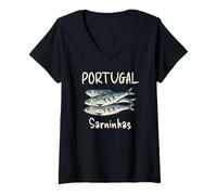 Femme Love Retro Portugal Sardinhas Cuisine Portugaise Grill Sardines T-Shirt avec Col en V