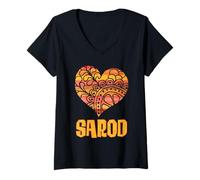 Femme Love Sarod Orange Mandala Heart Instrument à Cordes Indien T-Shirt avec Col en V