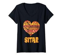 Femme Love Sitar Instrument à Cordes Indien Motif Mandala Orange T-Shirt avec Col en V