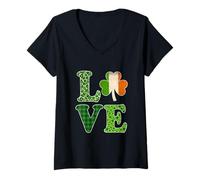 Femme Love St Patrick Day Irish Green Buffalo Plaid Trèfle Love T-Shirt avec Col en V