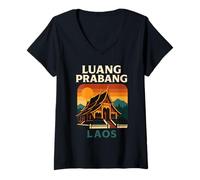 Femme Luang Prabang Laos Mekong River Retro Asie du Sud-Est Voyage T-Shirt avec Col en V