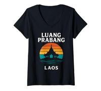 Femme Luang Prabang Laos Temple Vintage Voyage Mékong Asie T-Shirt avec Col en V