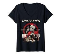 Femme Lucifer's Hipster Squelette Hot Rod Rockabilly Retro Garage T-Shirt avec Col en V