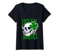 Femme Luck is for Heretics Proverbs 16:33 Crâne de la Saint-Patrick T-Shirt avec Col en V