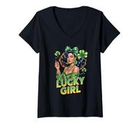 Femme Lucky Girl Glam Shamrock St Patricks Day Cute Irish T-Shirt avec Col en V