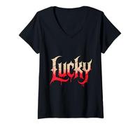 Femme Lucky Gothic Horror Drip Halloween Dark Vintage Grunge T-Shirt avec Col en V