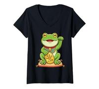 Femme Lucky Maneki Neko Grenouille Japonaise Fortune Kawaii Toad T-Shirt avec Col en V
