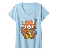 Femme Lucky Red Panda Maneki Neko Manga rétro années 90 T-Shirt avec Col en V