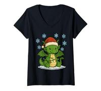 Femme Lumières de Noël enveloppées sur Un Pyjama de Noël Mignon Dragon T-Shirt avec Col en V