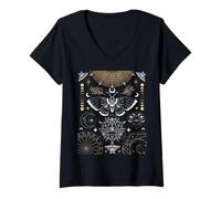 Femme Luna Moth Moon Phases Witchy Dark Academia Esthétique T-Shirt avec Col en V