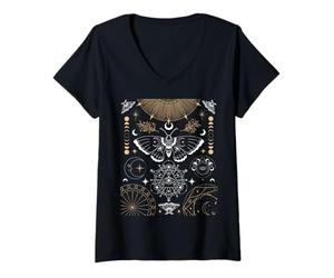 Femme Luna Moth Moon Phases Witchy Dark Academia Esthétique T-Shirt avec Col en V