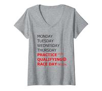 Femme Lundi Mardi Jeudi Practice Qualifying Race Day T-Shirt avec Col en V, Gris Chiné, XXL
