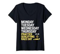 Femme Lundi Mardi Mercredi Jeudi Practice Qualifying Race T-Shirt avec Col en V