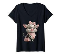 Femme Lunettes bébé Vache Léopard Rose Girly Glam Graphic Trippy T-Shirt avec Col en V