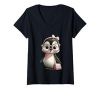 Femme Lunettes Carrées Bébé Pingouin Kawaii Rose Léopard Portrait T-Shirt avec Col en V