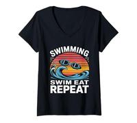 Femme Lunettes de Natation rétro avec Vagues T-Shirt avec Col en V