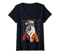 Femme Lunettes de Ski Husky Père Noël avec Lunettes de Ski Snowboarder T-Shirt avec Col en V