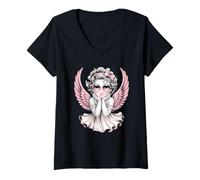 Femme Lunettes de Soleil Ange avec cœur Ailes Roses T-Shirt avec Col en V
