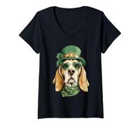 Femme Lunettes de Soleil Beagle Irlandais avec cœur Trèfle St Patrick T-Shirt avec Col en V