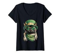 Femme Lunettes de Soleil Chat Noir avec cœurs Trèfle Jour de la St Patrick T-Shirt avec Col en V