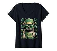 Femme Lunettes de Soleil Chat Noir avec trèfles cœurs St Patrick T-Shirt avec Col en V