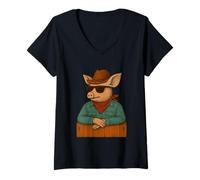 Femme Lunettes de Soleil Cochon Chapeau Cowboy Country Texas Rodeo Ranch Western T-Shirt avec Col en V