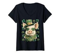 Femme Lunettes de Soleil Cochon Irlandais avec cœurs Trèfle St Patrick T-Shirt avec Col en V
