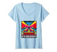 Femme Lunettes de Soleil colorées pour la Sensibilisation à l'Autisme T-Shirt avec Col en V