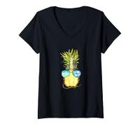 Femme Lunettes de Soleil d'été Ananas Hello Greeting Fruit Sunshine T-Shirt avec Col en V